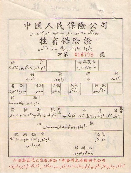 △上世纪五十年代牲畜保险证